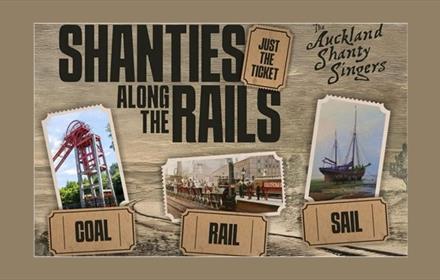 Shanties along the Rails with images of coal mine shaft and wheel, railway and ship