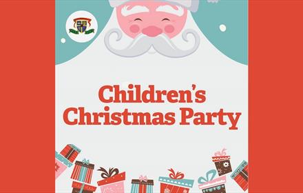 Graphic image of Santa Claus, snow and presents.