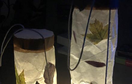 Paper lanterns decorated with Autumn leaves