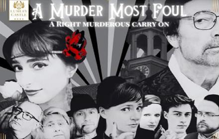 Black and white image of a group of Murder Mystery characters looking inquisitive.