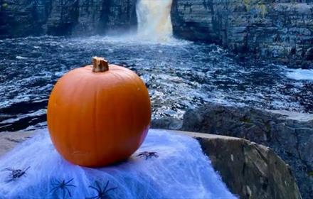 A pumpkin on a rock at High Force Waterfall