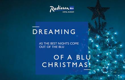 Poster of event coloured blue, with a lit Christmas Tree and name of event