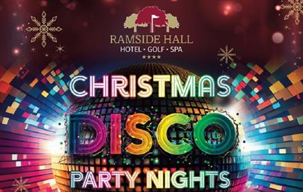 Text reads, 'Christmas Disco Party Nights' against a background which looks like a disco ball.