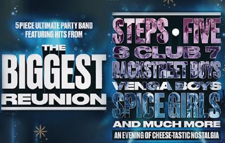 Text reads, 'The Biggest Reunion' Hits from Steps, Five, S Club 7, Backstreet Boys, Venga Boys, Spice Girls and much more.