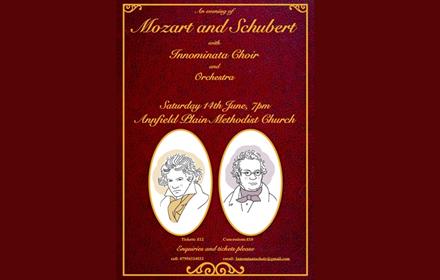 Event advertising poster with images of Mozart and Schubert