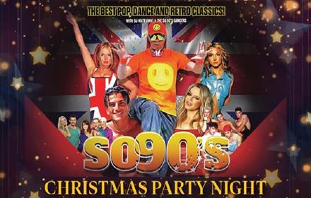 A photo compilation of 90s celebrities such as Peter Andre, Britney Spears and Geri Haliwell and text reads, 'So 90s, Christmas Party Night'