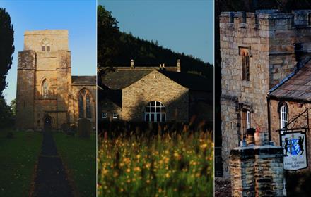 3 images of Blanchland, Consett. The Abbey Church, St Marys, Blanchland Village Hall from across a summer meadow and the Lord Crewe Arms Hotel.