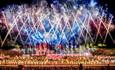 Grand Finale all cast of Kynren, view from the tribune, fireworks over the crowd.