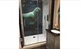 Polar suite shower room with walk in shower and large polar bear print inside of the shower cubicle.