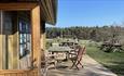 Broom House Farm Coffee Shop entrance. View looking onto the playfield and Forest Adventure.