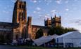 View of Palace Green Stretch Tent and  Durham Cathedral behind it.