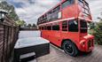 Original1960s double-decker bus accommodation and outdoor hot tub.