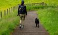 A dog walker and their black Labrador walking along a path bordered by grassy fields.