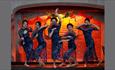 Chinese dancers, five women, blue dresses, holding fans