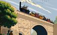 Colourful print of Locomotion No.1 travelling over a railway bridge