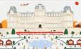 Coloured drawing of the Bowes Museum with Winter Market in the grounds