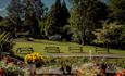 Picnic benches at Durham University Botanic Garden, facing a stunning display of flowers.