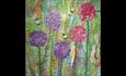 Artwork by Janice Hutchinson showing beds and purple and red flowers.