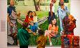 Children admiring a vibrant portrait of people embracing on a hammock and  enjoying an outdoor gathering - The Bowes Museum