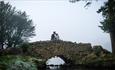 A couple kissing on a bridge