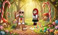 Enchanted Forest showing The Gingerbread Man, candy canes, Toadstool houses and Little Red Riding Hood.