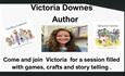 Author Victoria Downes with images of two of her books, Goodbye Explorers and Spring into Explorers