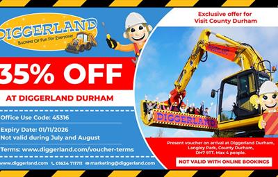 Text reads, '35% off at Diggerland Durham, Buckets of fun for everyone' accompanied by a photo of a digger.