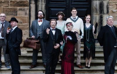 Actors and Actresses of Murder Mystery event outside Lumley Castle Hotel