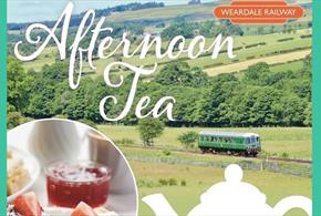 Weardale Railway 'bubble car'. White text of 'Afternoon Tea. Scones with jam and strawberries. White teapot graphic.