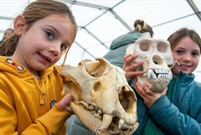 Children holding animal skulls