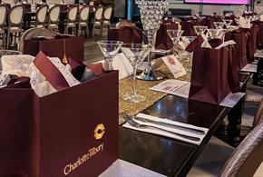 Charlotte Tilbury goodie bags lined up on tables at South Causey Inn.