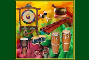 Various musical instruments including different types of drums
