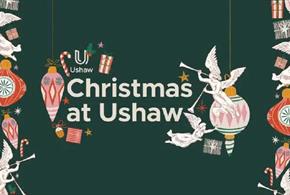 Text reads, 'Christmas at Ushaw', with illustrations of baubles, angels, gifts, candy canes and stars.