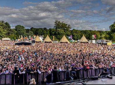Crowds of people watching a performance at the Hardwick Festival