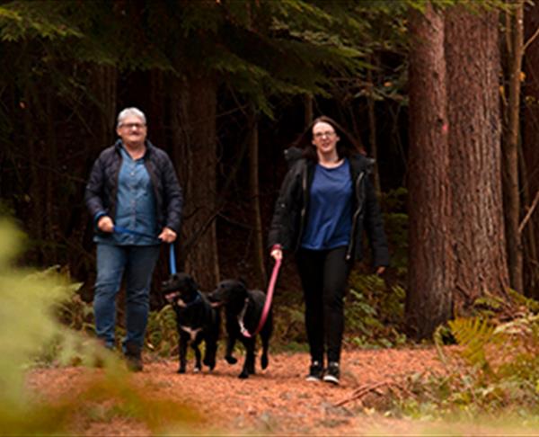mother and daughter walking dogs at hamsterley forest