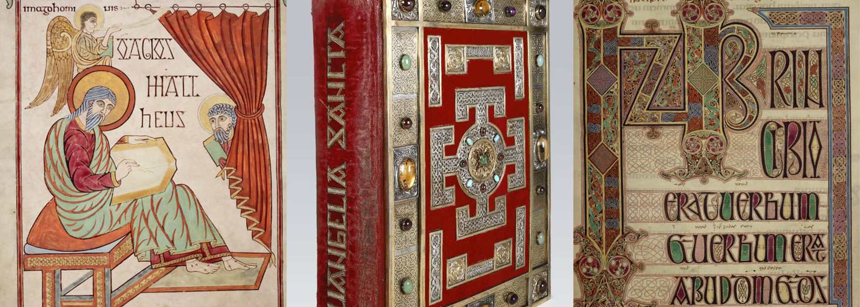 Lindisfarne Gospels pages and cover of book