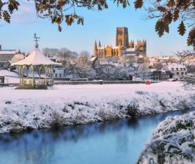 Durham Cathedral river banks in snow