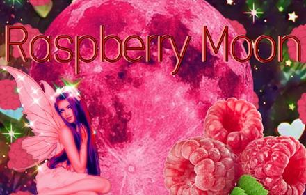 Image of a fairy, surrounded by raspberries, in front of a pink moon.