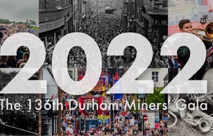 A compilation of historical images make up a Durham Miners' Gala poster for 2022 showing brass bands, musicians and city streets packed with crowds.