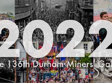 A compilation of historical images make up a Durham Miners' Gala poster for 2022 showing brass bands, musicians and city streets packed with crowds.