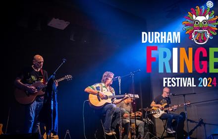 Band performing at Fringe Festival.   Fringe Festival logo and wording Durham Fringe Festival 2024