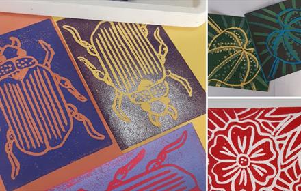 Examples of prints made at workshop. Prints of beetles, flowers, leaves