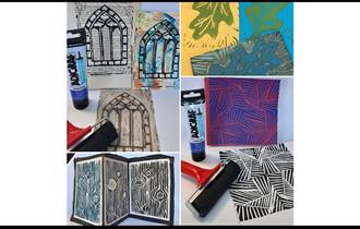 A selection of beautiful Lino Prints of church windows and leaves.