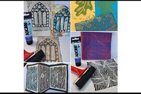 A selection of beautiful Lino Prints of church windows and leaves.