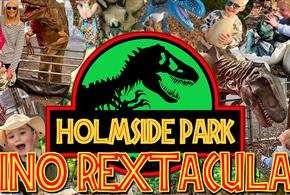 Children smiling alongside models of dinosaurs. Text reads, 'Holmside Park Dino Rextacular'
