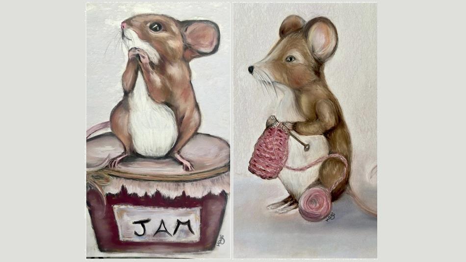 paintings of two mice, one sitting on a jar of jam and the other knitting