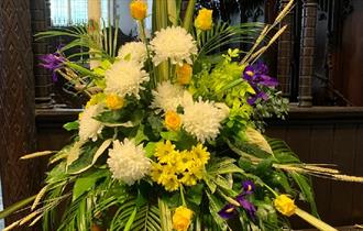 Beautiful bouquet of yellow, purple and white flowers.