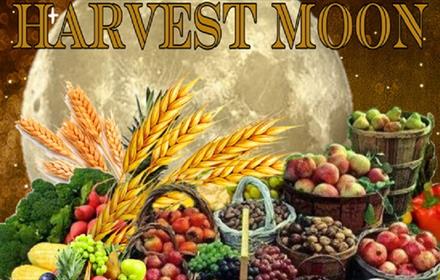 Image shows a large full moon, grains and a selection of harvest fruits and vegetables.