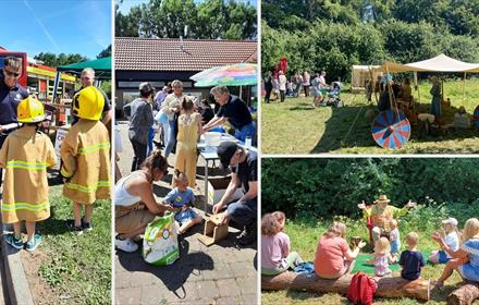 Images of families enjoying activities at the 'Festival of Nature' Castle Eden Dene National Nature Reserve on a sunny day.