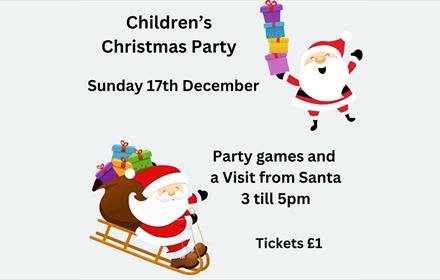 Illustrations of Santa on a sleigh and Santa holding a pile of presents. Wording relating to details of event, date, title, cost.